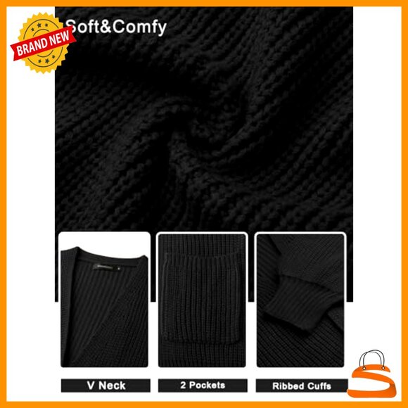 Chunky Knit Cardigan Oversized Lantern Sleeve Open Front Sweater with Pockets - Picture 6 of 7